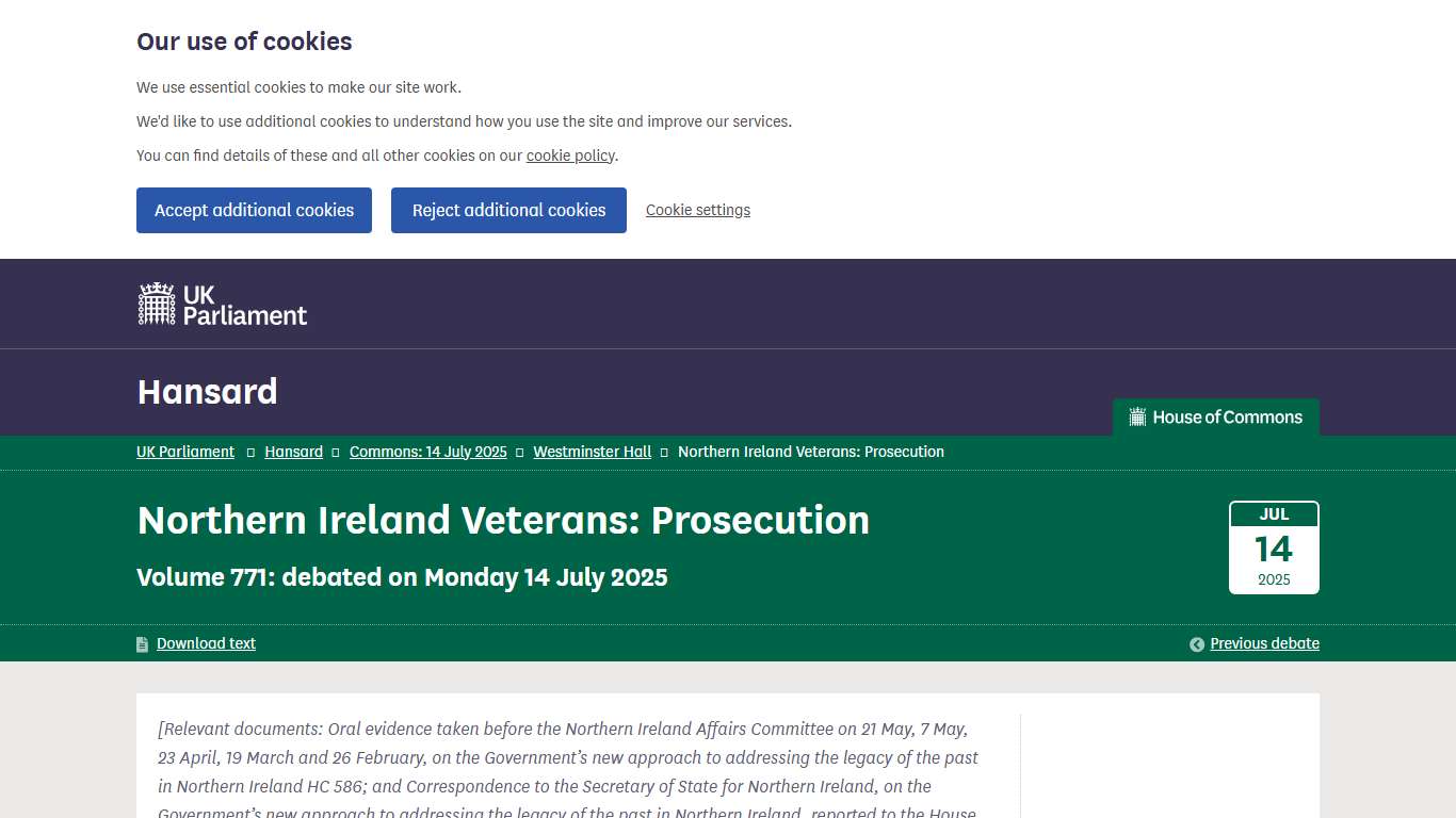 Northern Ireland Veterans: Prosecution - Hansard - UK Parliament