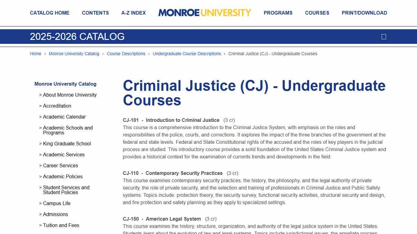 Criminal Justice (CJ) - Undergraduate Courses Monroe University Catalog